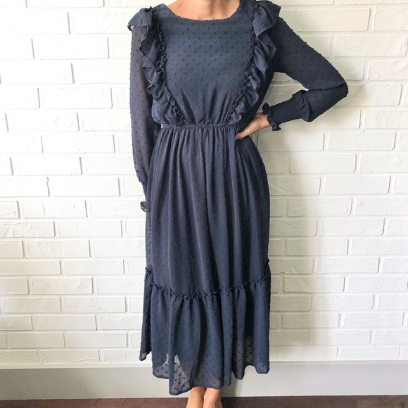 in loom Dresses & Skirts - Navy chiffon ruffle long sleeve prairie midi dress
